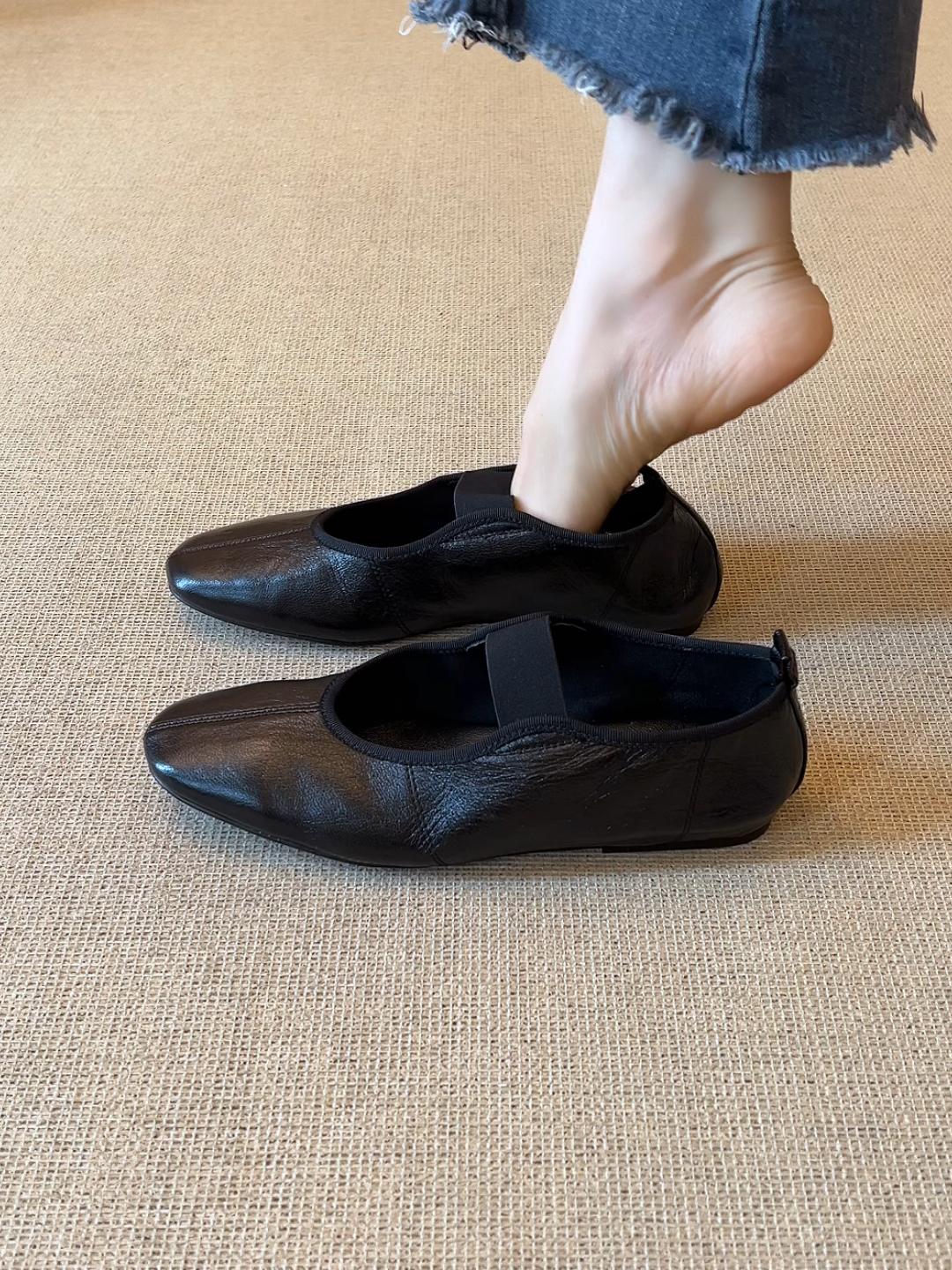 羊皮版~法式红色黑色通勤单鞋女弹力圆头芭蕾风平底休闲玛丽珍鞋