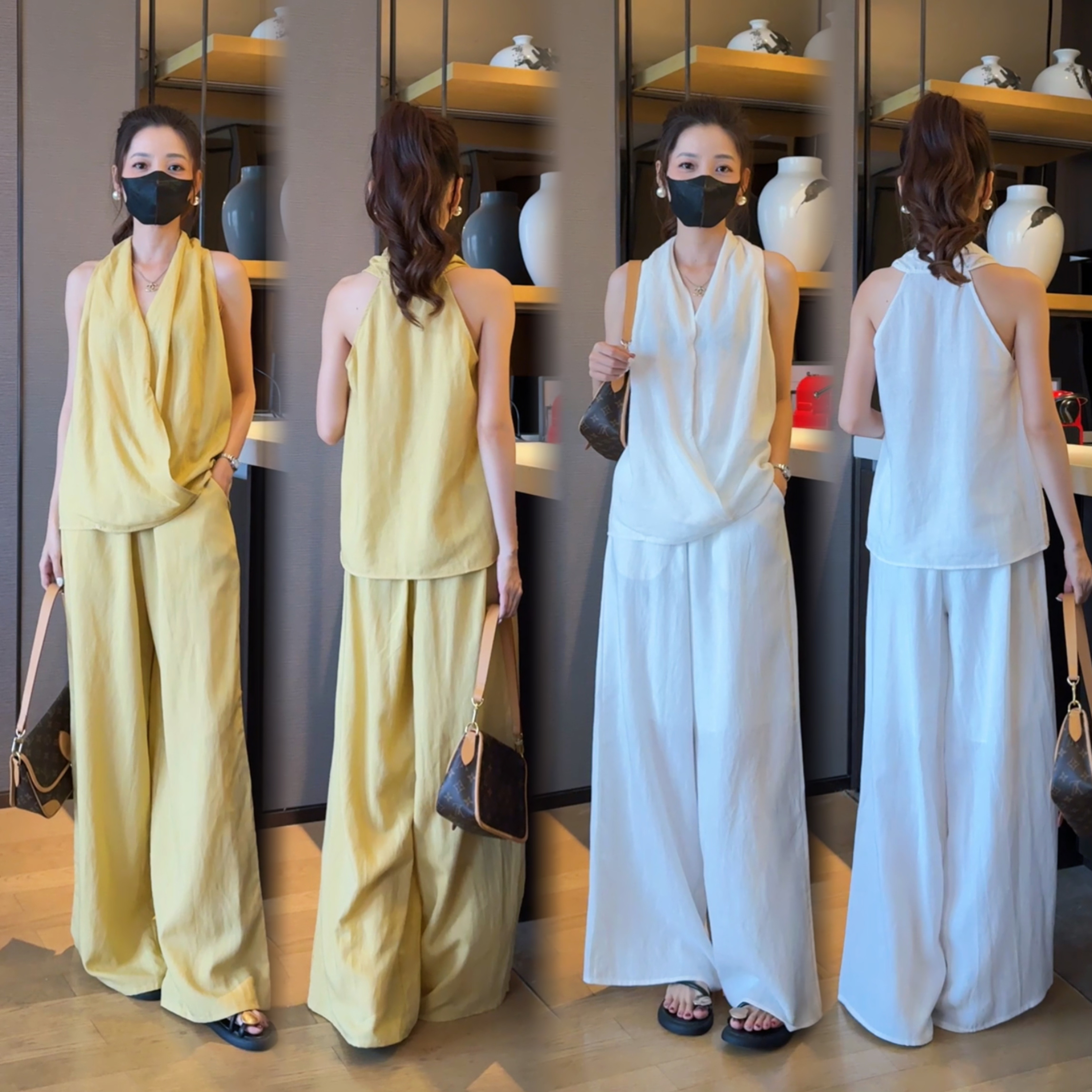 2025夏季韩版巨好看气质高雅挂脖上衣+休闲阔腿裤套装女