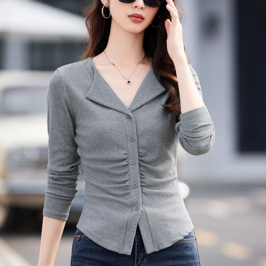 52002 翻领长袖t恤女2025春秋新款修身显瘦收腰百搭打底衫洋气上