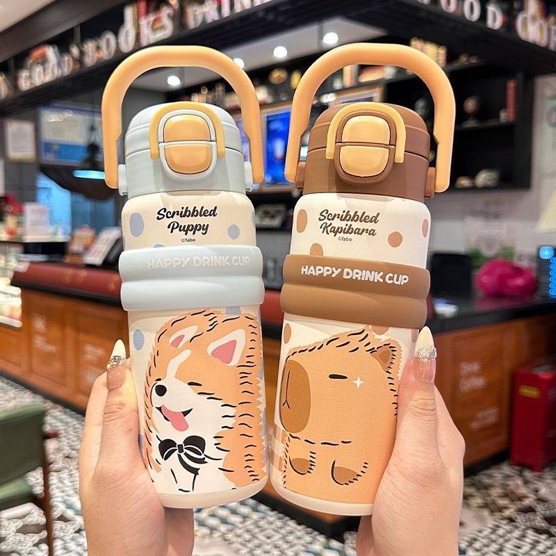 新款卡皮巴拉双饮儿童保温杯女孩316吸管水杯男学生上学专用杯子