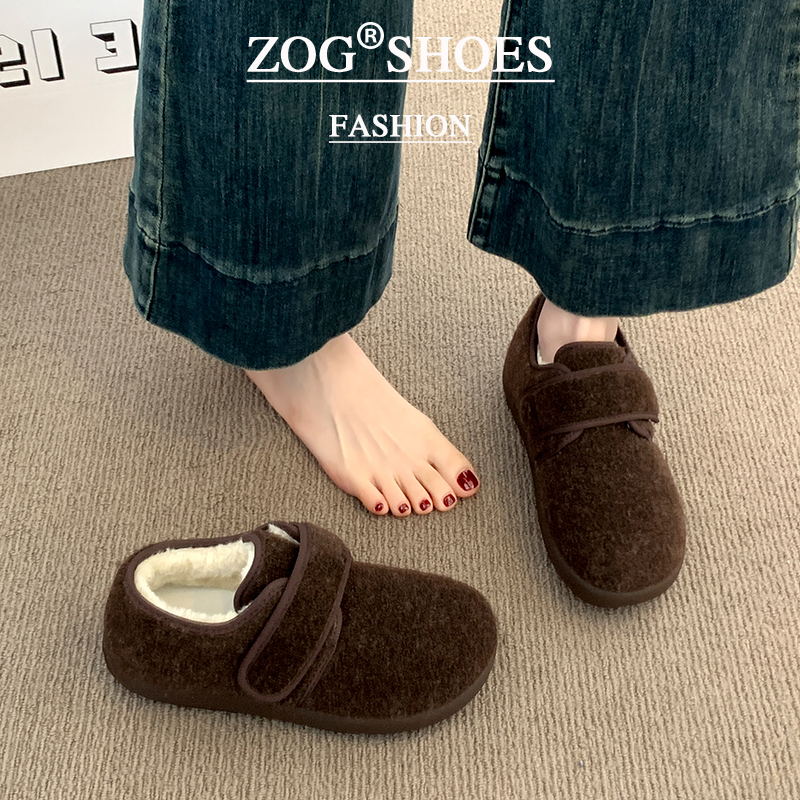 加绒豆豆勃肯鞋女2025新款秋冬魔术贴毛呢单鞋保暖棉鞋低帮雪地靴