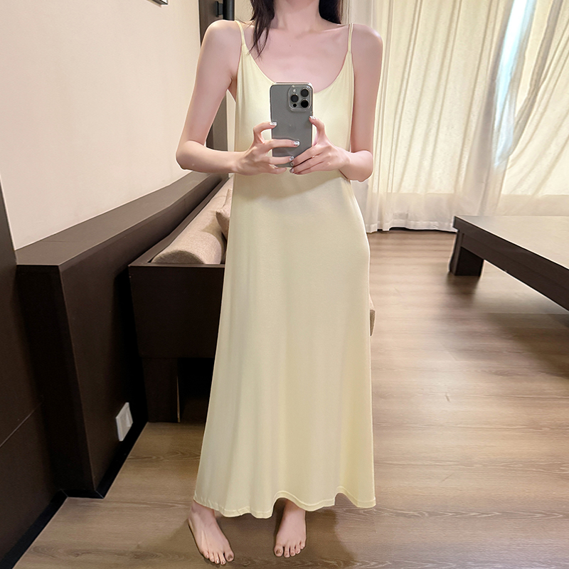 带胸垫夏季莫代尔吊带睡裙慵懒风长款法式性感风薄款带胸垫的睡衣