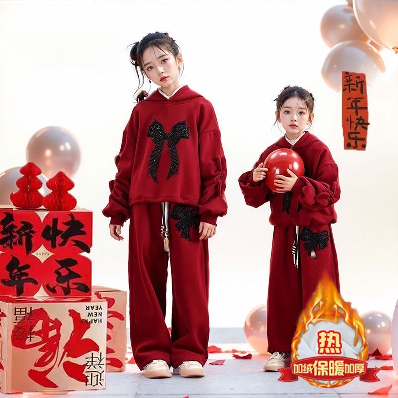 女童拜年服红色加绒套装2025新款洋气卫衣儿童新年本命年女孩冬装