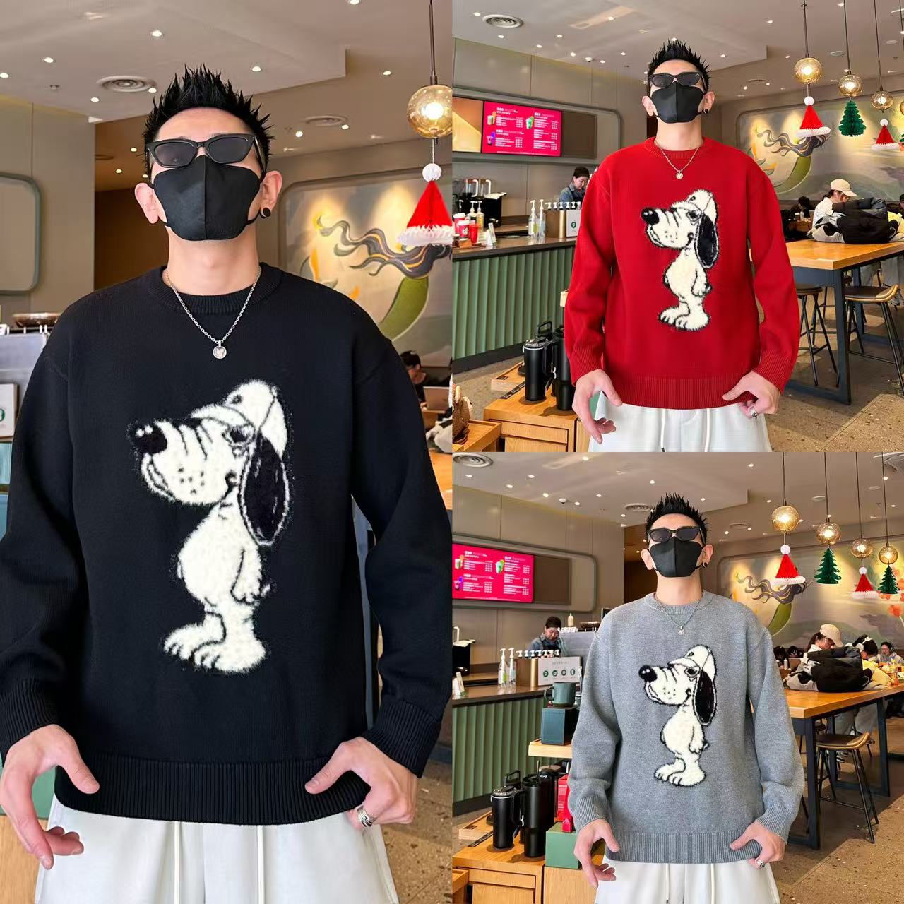 美式潮流休闲卡通狗狗情侣同款加厚冬季保暖圆领长袖针织衫毛衣