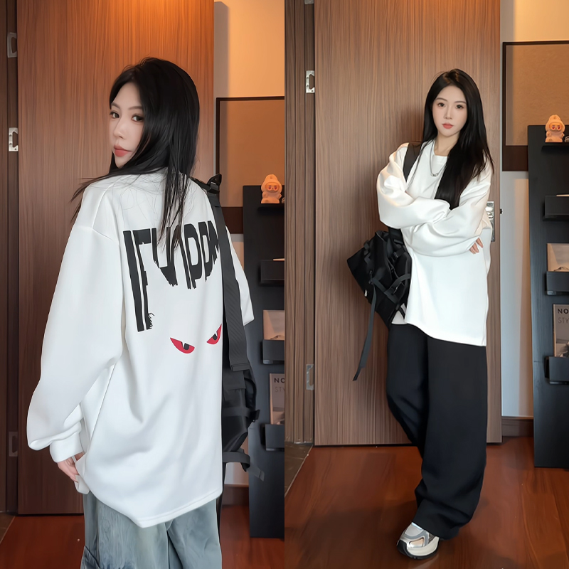 美式设计感圆领卫衣男秋季休闲简约恶魔猫眼字母印花日系长袖T恤