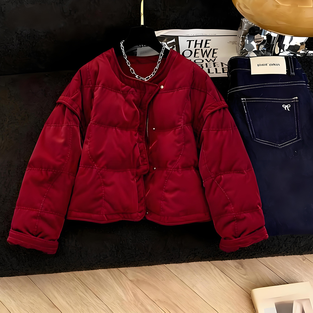 红色本命年圆领丝绒棉服冬季新款保暖外套时髦小众通勤面包服女装