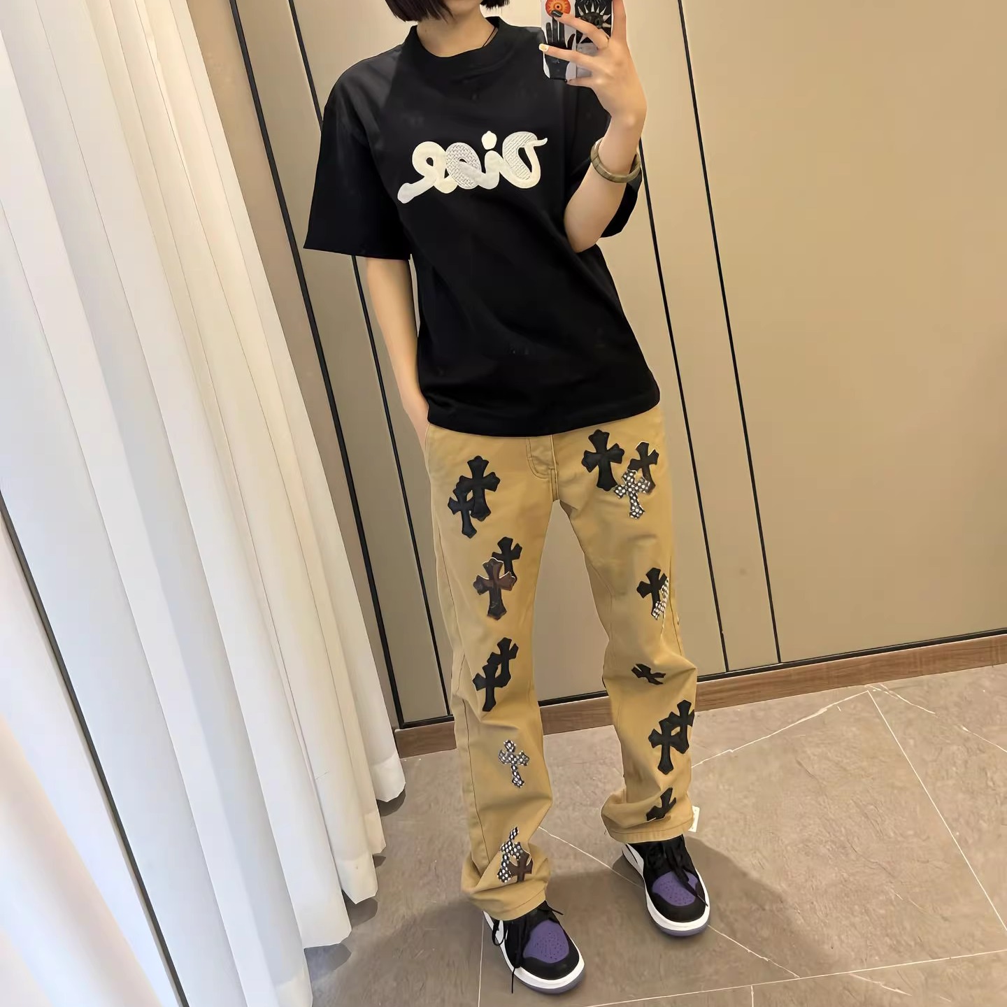 美式十字架轻奢牛仔裤重工刺绣贴皮男女同款宽松休闲百搭阔腿长裤