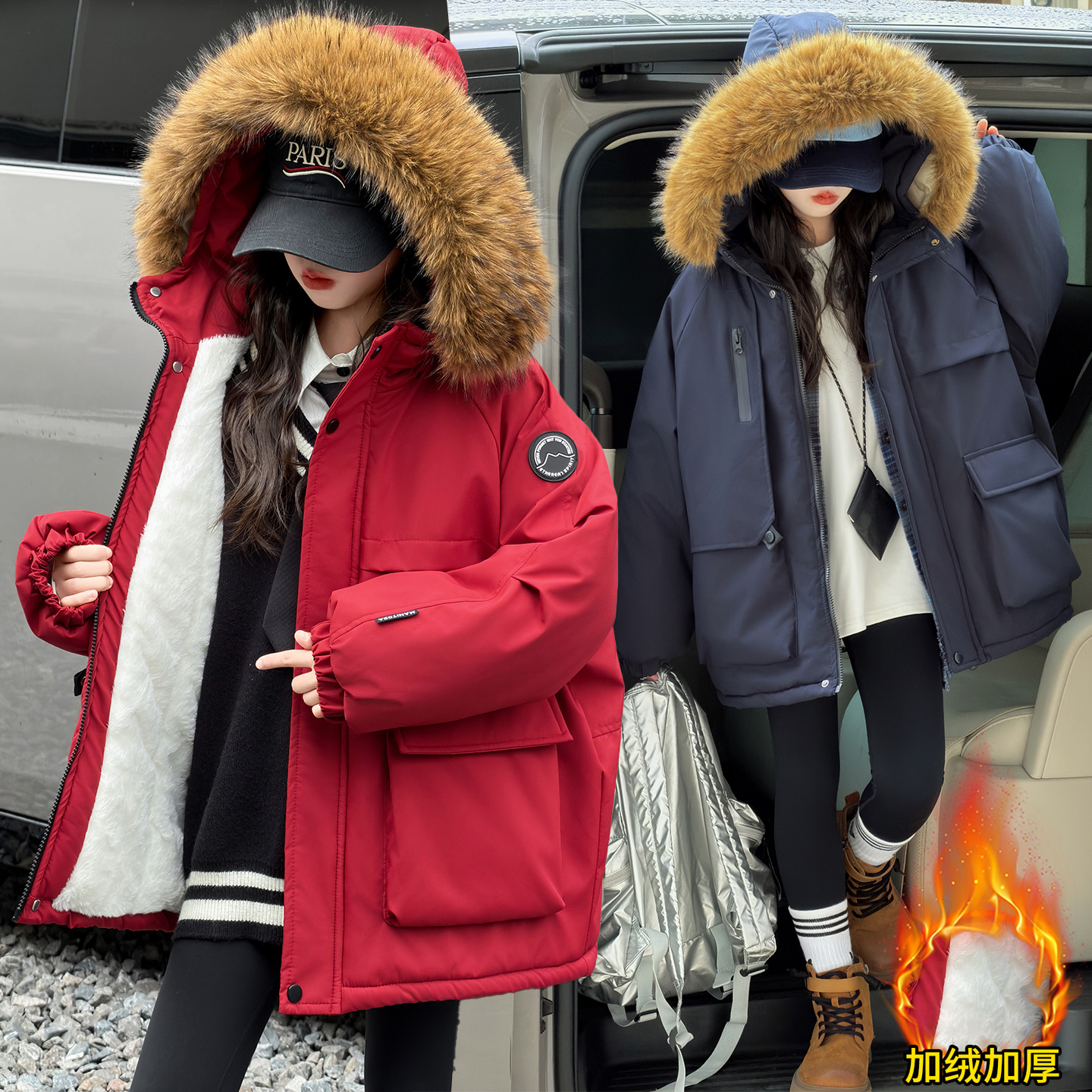 女童棉衣冬装加绒加厚连帽外套2025冬季新款中大童休闲保暖派克服