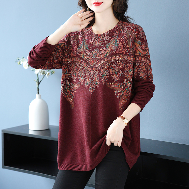 中老年妈妈毛衣洋气高贵冬装烫钻上衣2025新款大码打底衫长款