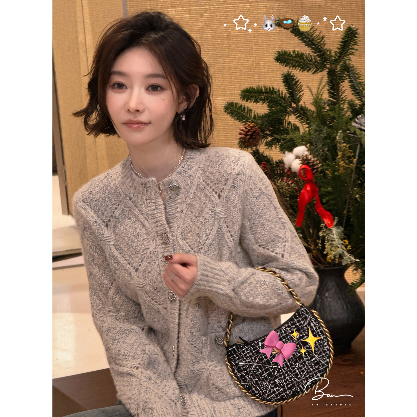 TXB “S+典藏菱章”山羊绒进口银丝线菱格镂空轻奢针织开衫XB-8022