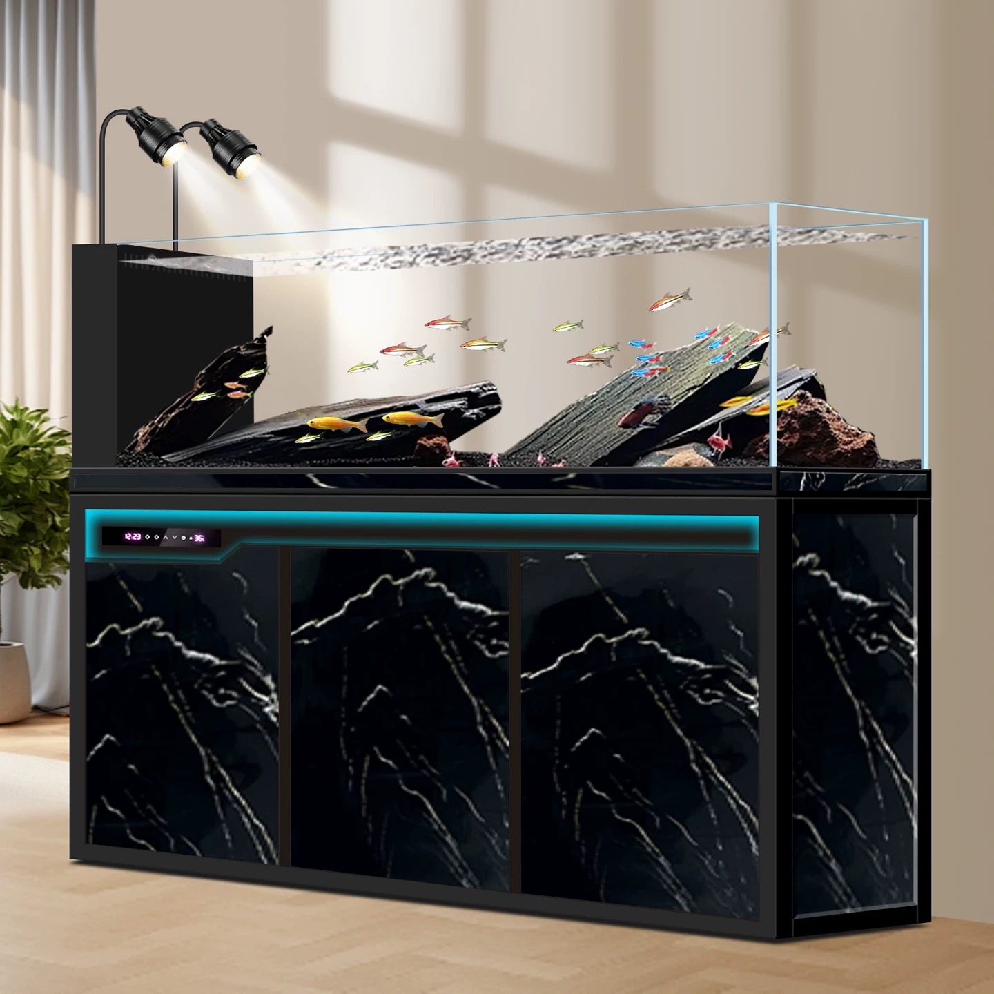 鸿鼎溪流缸新款底过滤一键排污多重过滤家用超白玻璃落地免换水缸