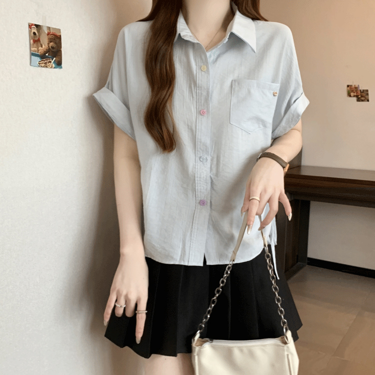 设计感抽绳Polo领正肩短袖衬衫女夏季大码胖mm遮肉洋气半袖上衣服