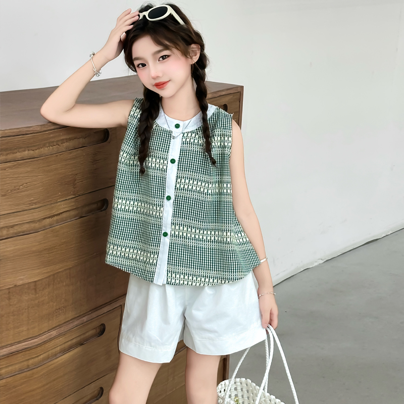 女童夏季套装2025新款洋气中大童无袖格子背心6-12岁夏装儿童短裤