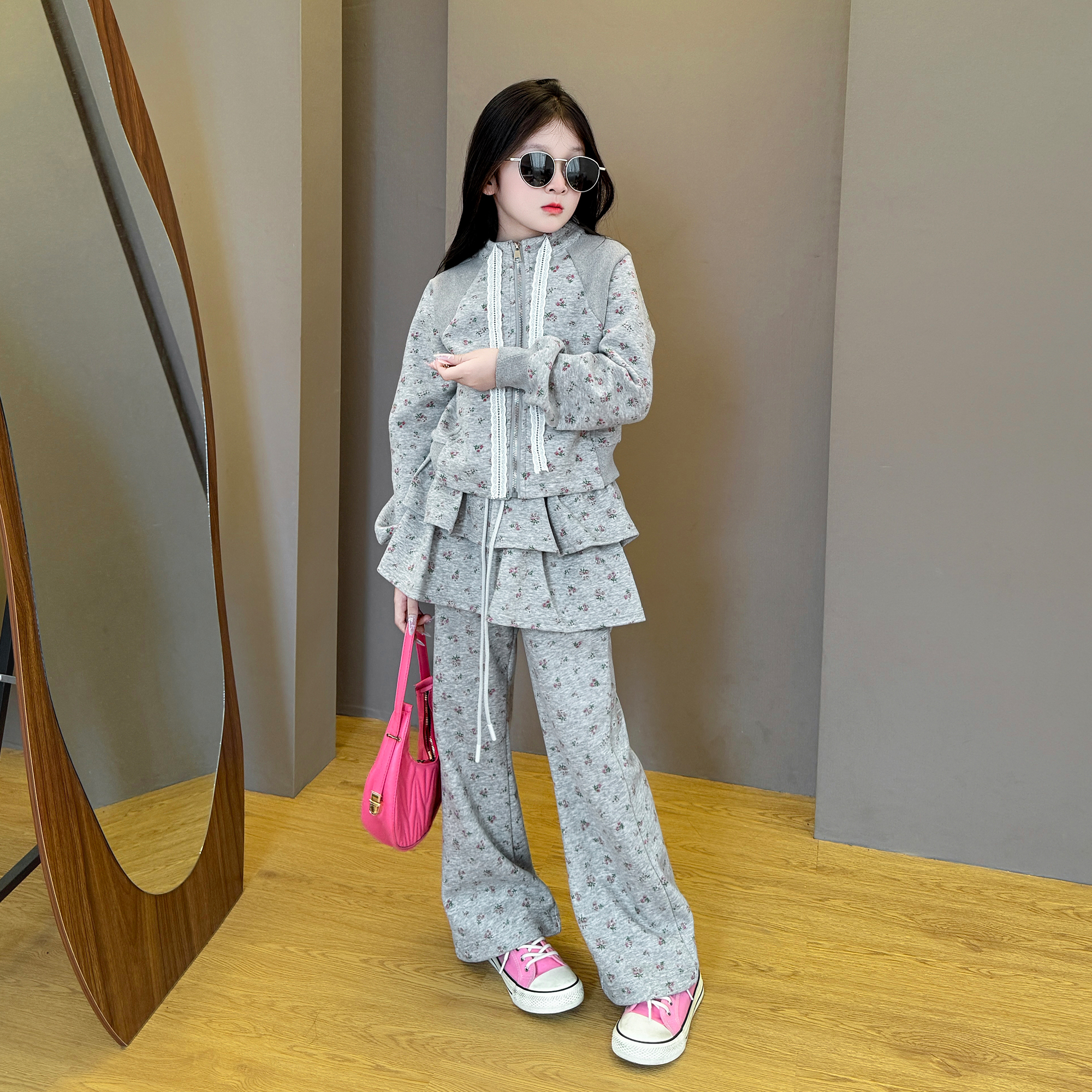 女童2025新款春秋韩版小清新风洋气时尚碎花外套叠穿休闲裤套装潮