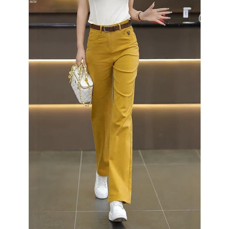 拉夏贝尔姜黄色窄版阔腿裤女春秋2025新款高腰宽松显瘦休闲直筒裤