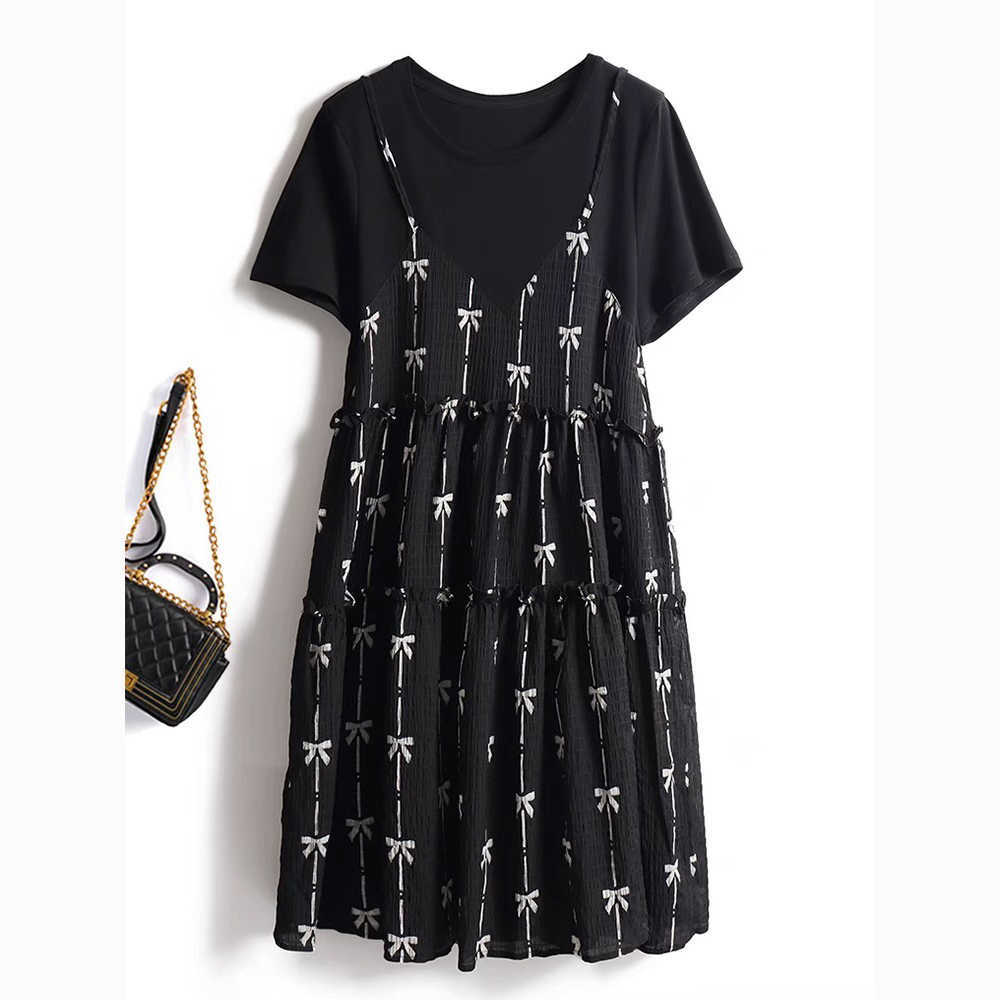 假两件短袖雪纺连衣裙女2025夏季时尚宽松大码印花减龄长裙子女