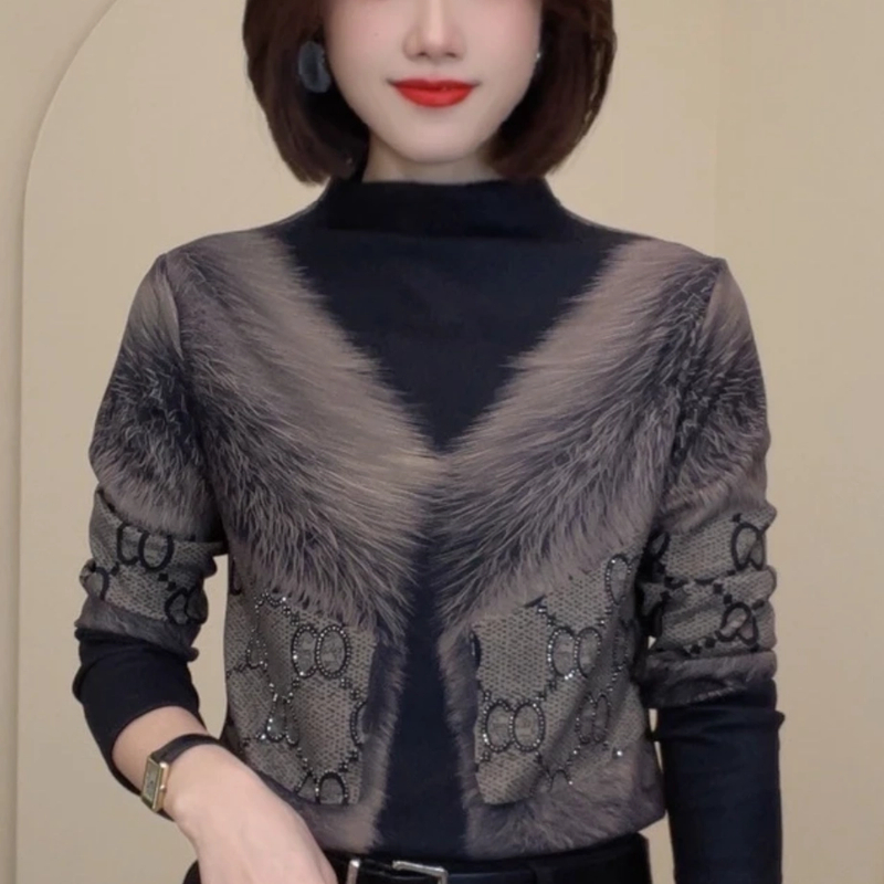 冬季新款半高领长袖印花打底衫时尚减龄百搭洋气T恤显瘦女士上衣