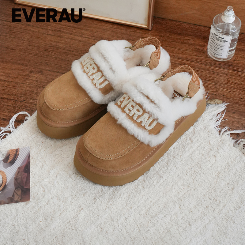 EVERAU包头拖鞋女2025冬季羊皮毛一体厚底保暖外穿毛毛鞋EA2067