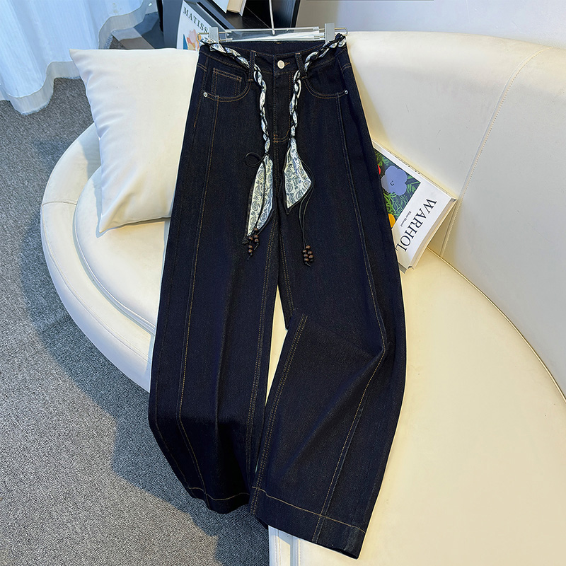 丹宁蓝窄版阔腿牛仔裤女秋季2025新款高腰垂感宽松显瘦复古直筒裤
