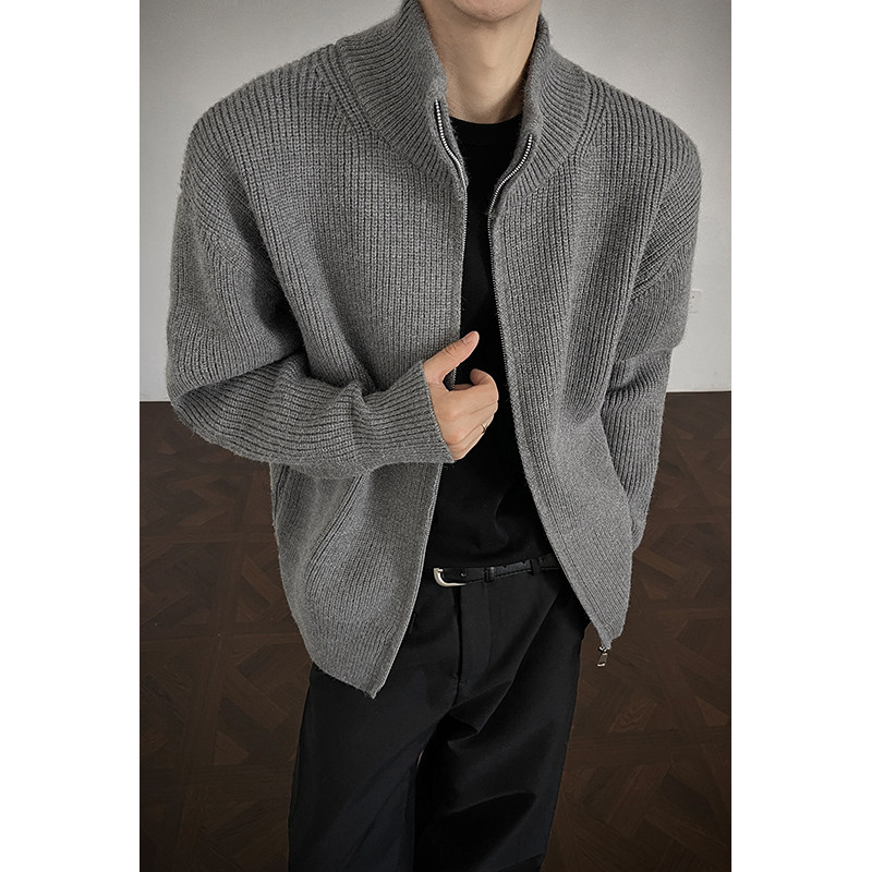 黑色cleanfit针织开衫外套男款秋冬高级感慵懒风韩系立领拉链毛衣