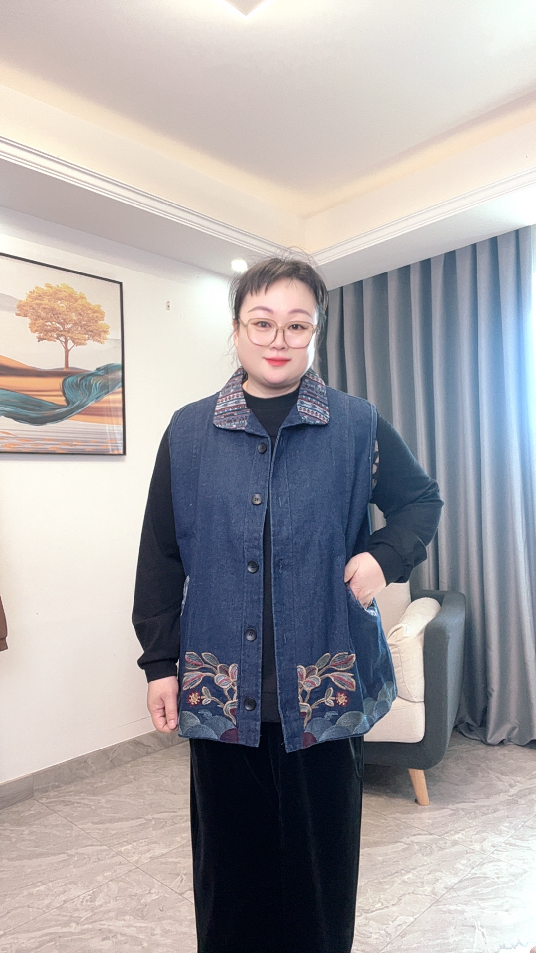 碎花植物花卉花色蓝色经典妈妈装女装休闲春秋翻领马甲