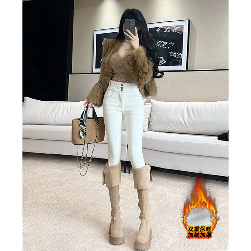 乔栈白色加绒辣妹设计感高腰弹力小脚裤女秋冬新款百搭显瘦铅笔裤