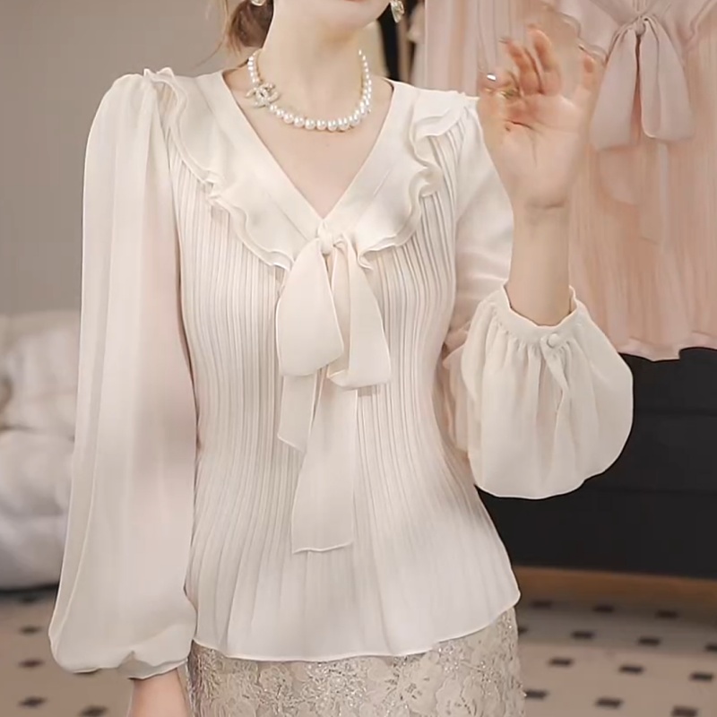 千金玛奇朵时尚法式设计感褶皱收腰上衣V领长袖衬衫LK2505732