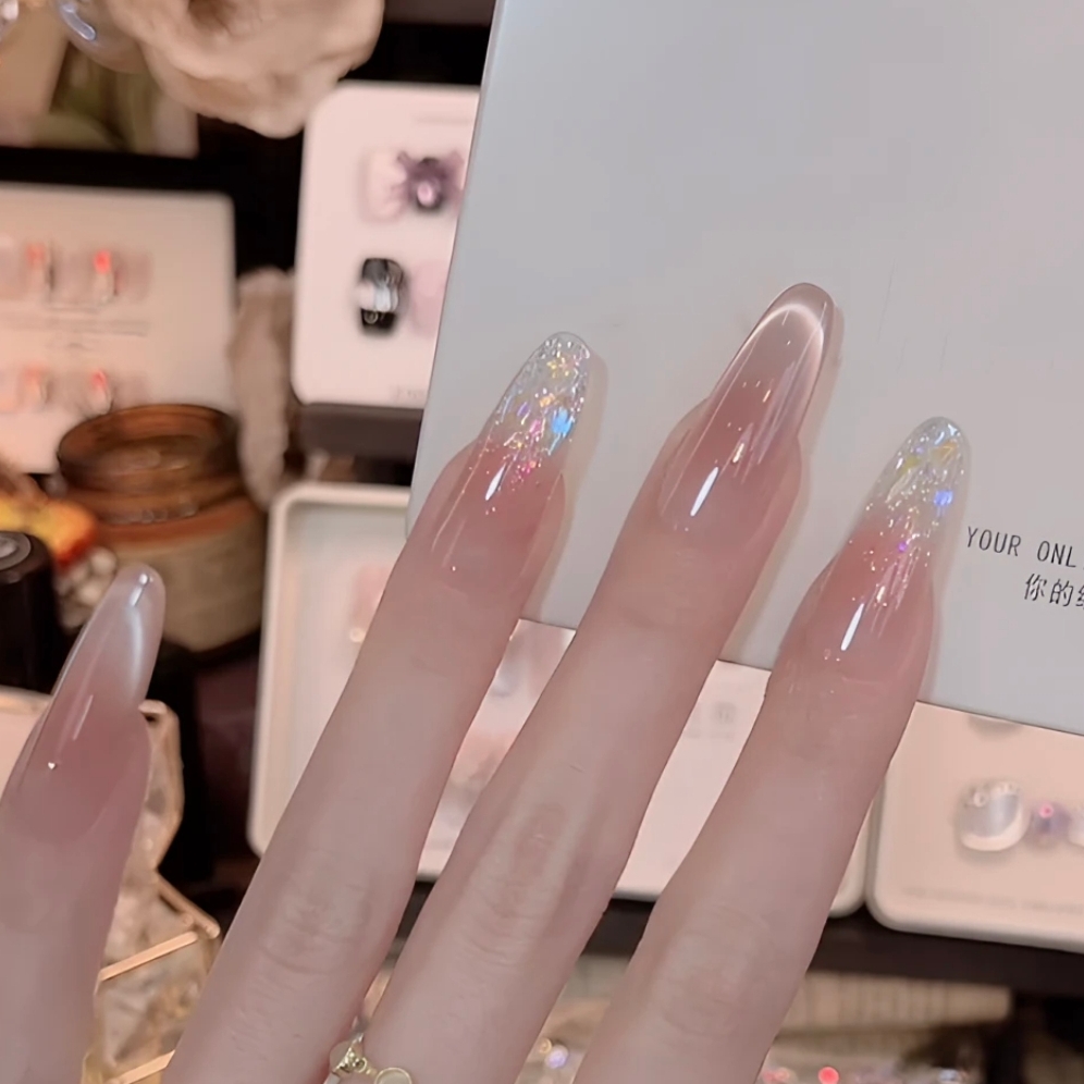 【魔法精灵】裸色纯手工穿戴甲中长款夏日显白彩色极光猫眼美甲贴片