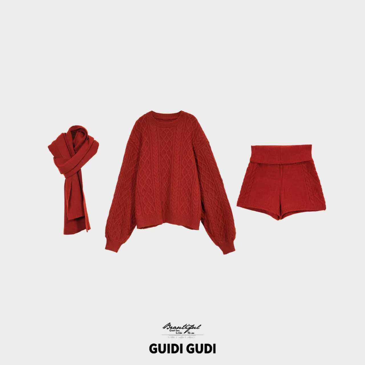 GUIDI GUDI【光焰】时尚优雅慵懒气质三件套套装/黄加蓝