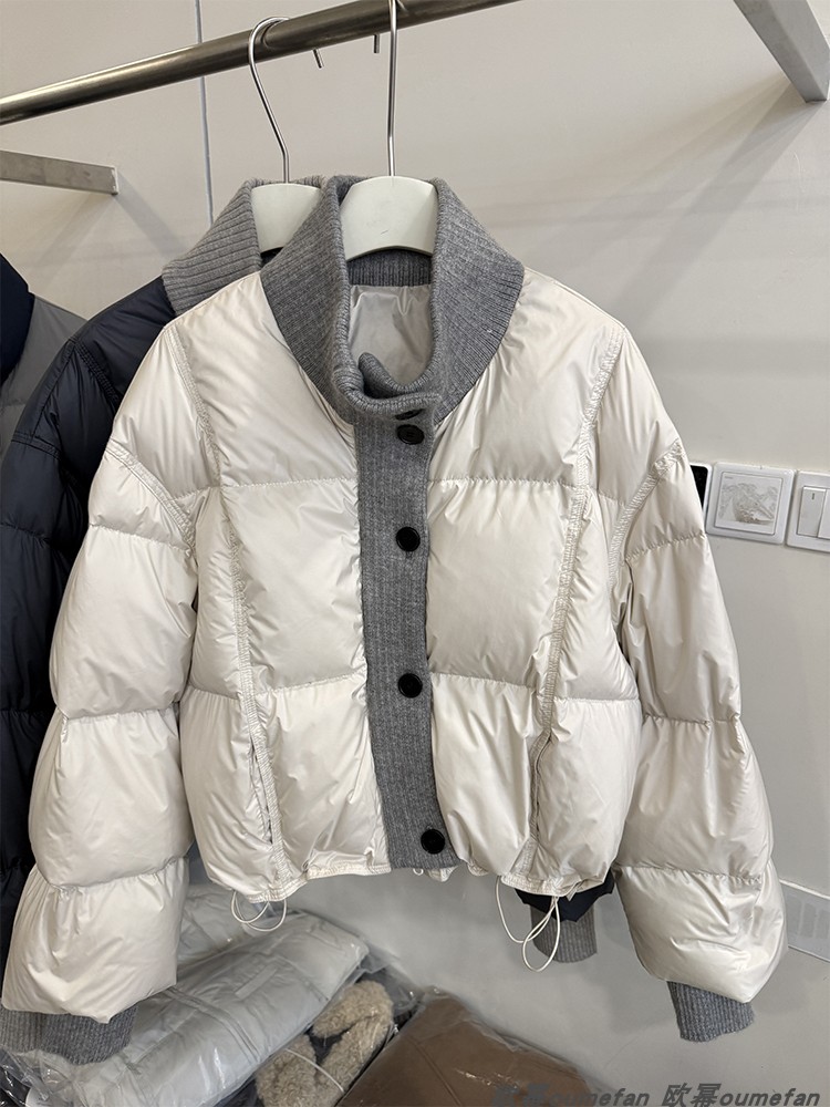 2025冬季新款韩版时尚宽松立领拼接针织短款加厚保暖棉服外套女