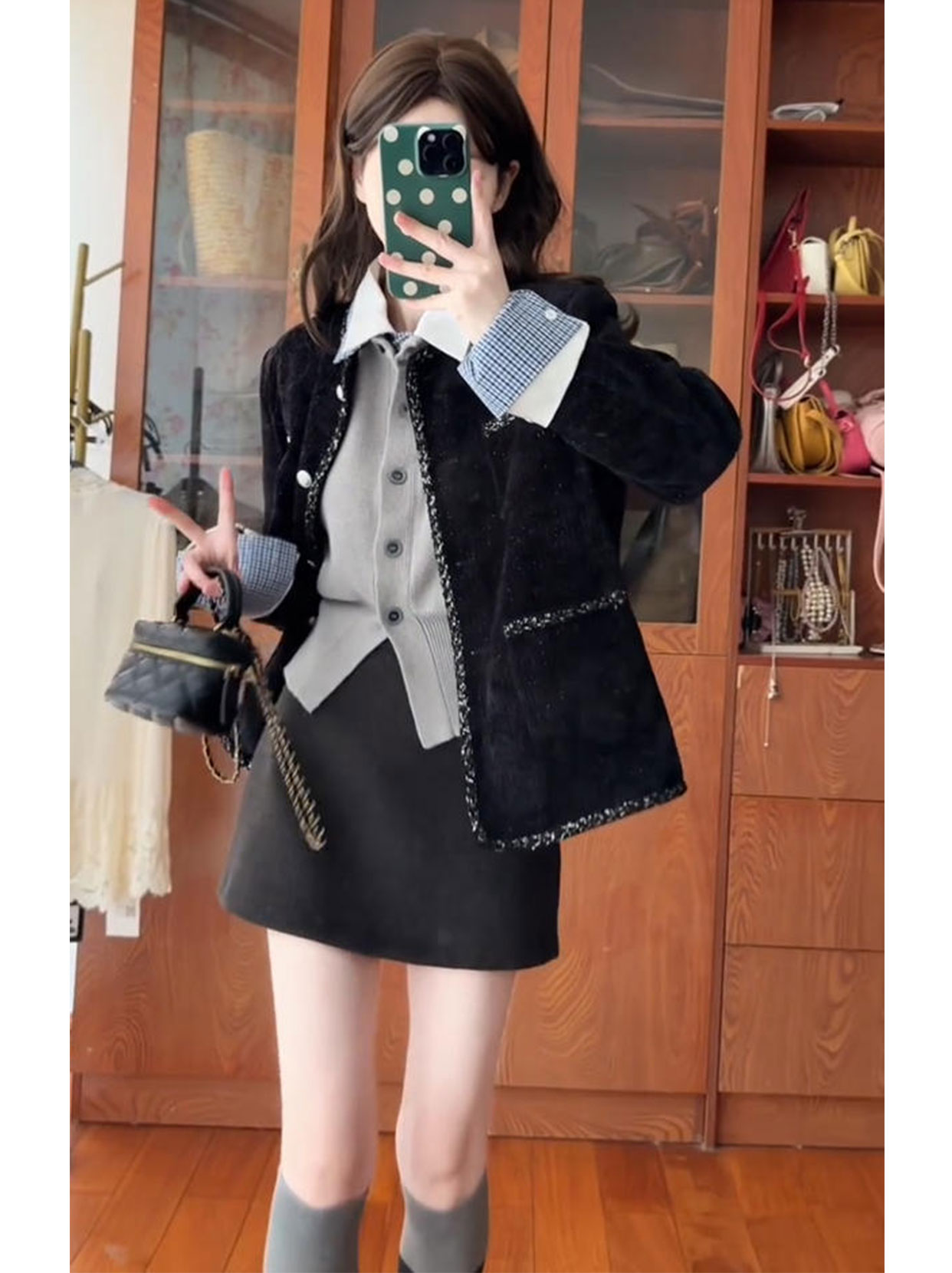 韩系千金风穿搭套装女冬季假两件上衣小香风外套a字半身裙三件套