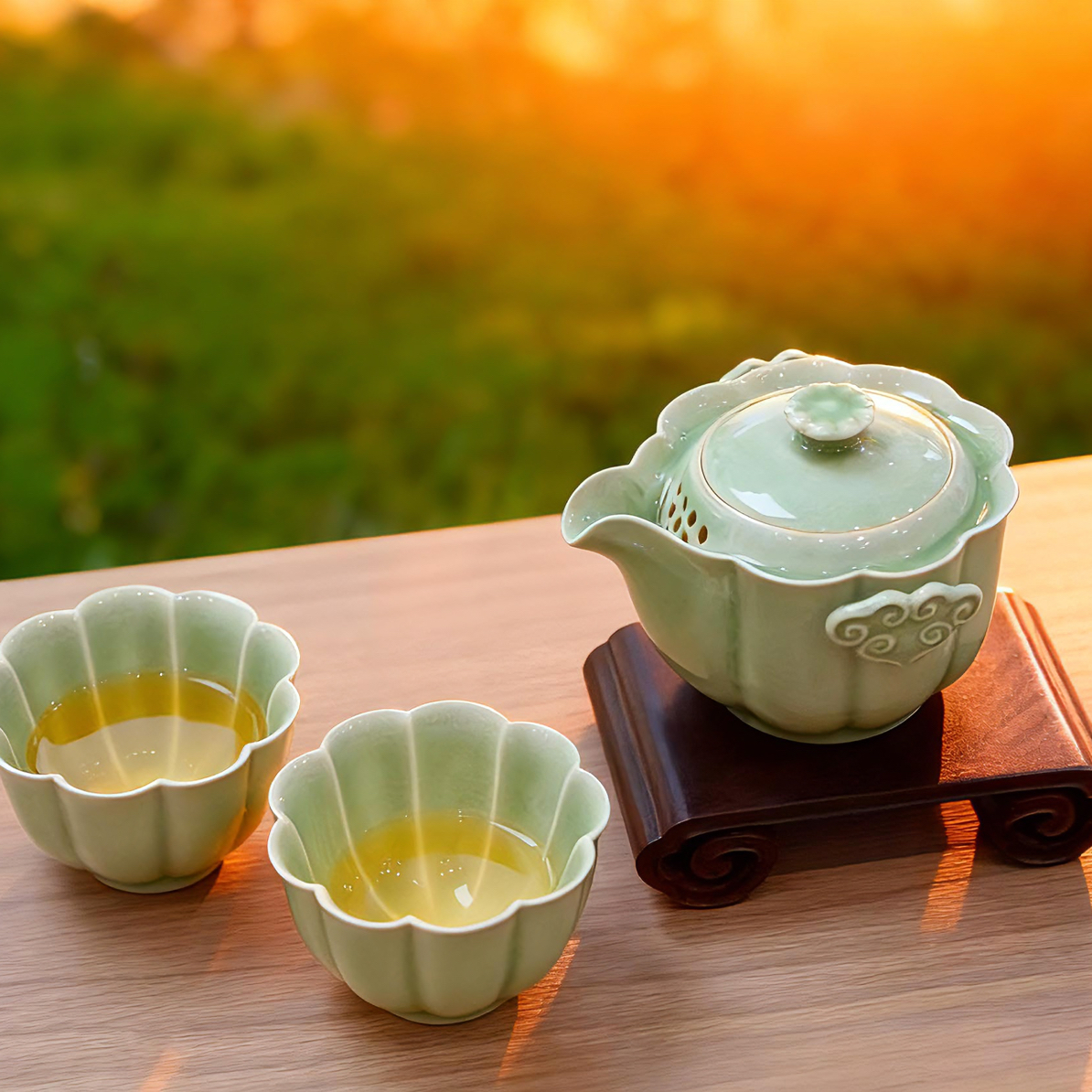 原矿豆青釉祥云快客旅行套装汝窑茶具开片（赠礼盒或棉质包包）