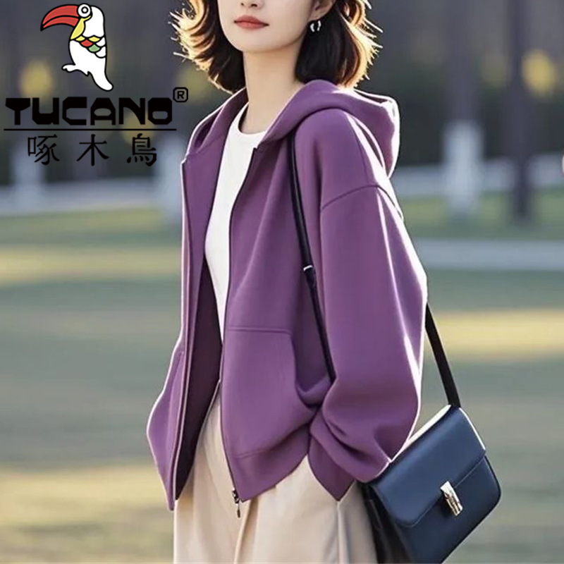 啄木鸟纯棉连帽开衫卫衣女秋冬新款休闲宽松外套女士纯色长袖上衣