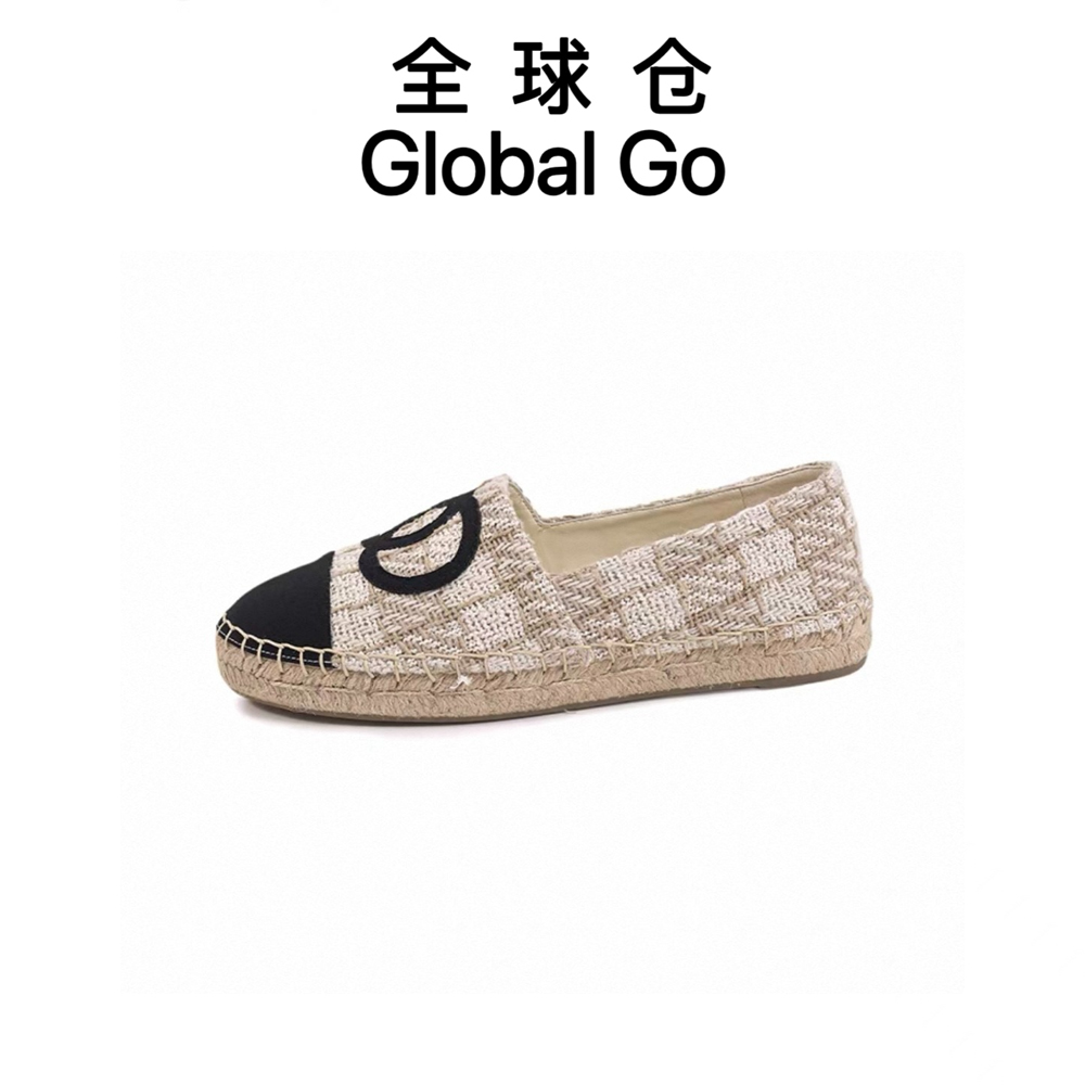 【全球仓Global Go】拼色小香风草编一脚蹬渔夫鞋女新款时尚单鞋