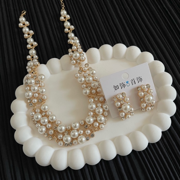 铜合金仿珍珠项链 如饰 法式两件套首饰白色百搭气质