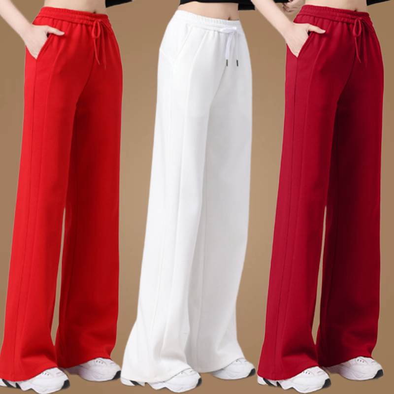 网红春秋季新款香蕉直筒裤阔腿裤红色跳舞裤广场舞健身操白色长裤