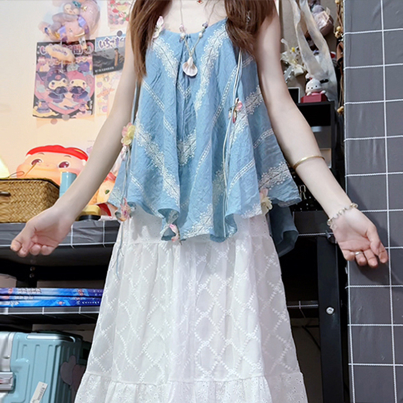 韩系不规则重工拼接蓝色V领蕾丝衫女夏季设计感显瘦洋气无袖上衣