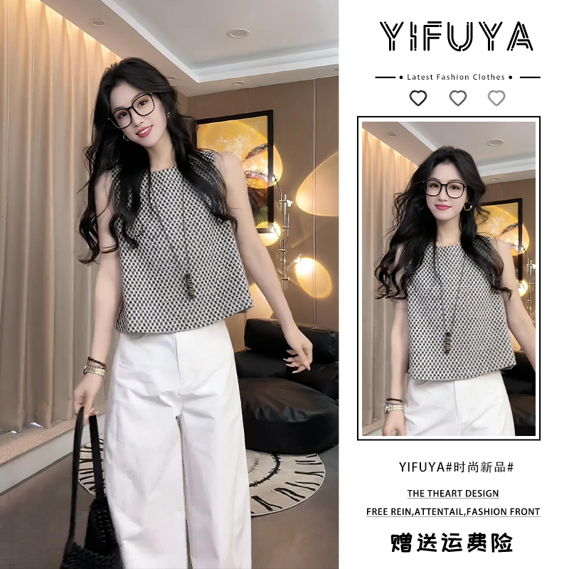 通勤休闲风套装格子短袖小香风设计感慵懒风时尚白色阔腿裤两件套