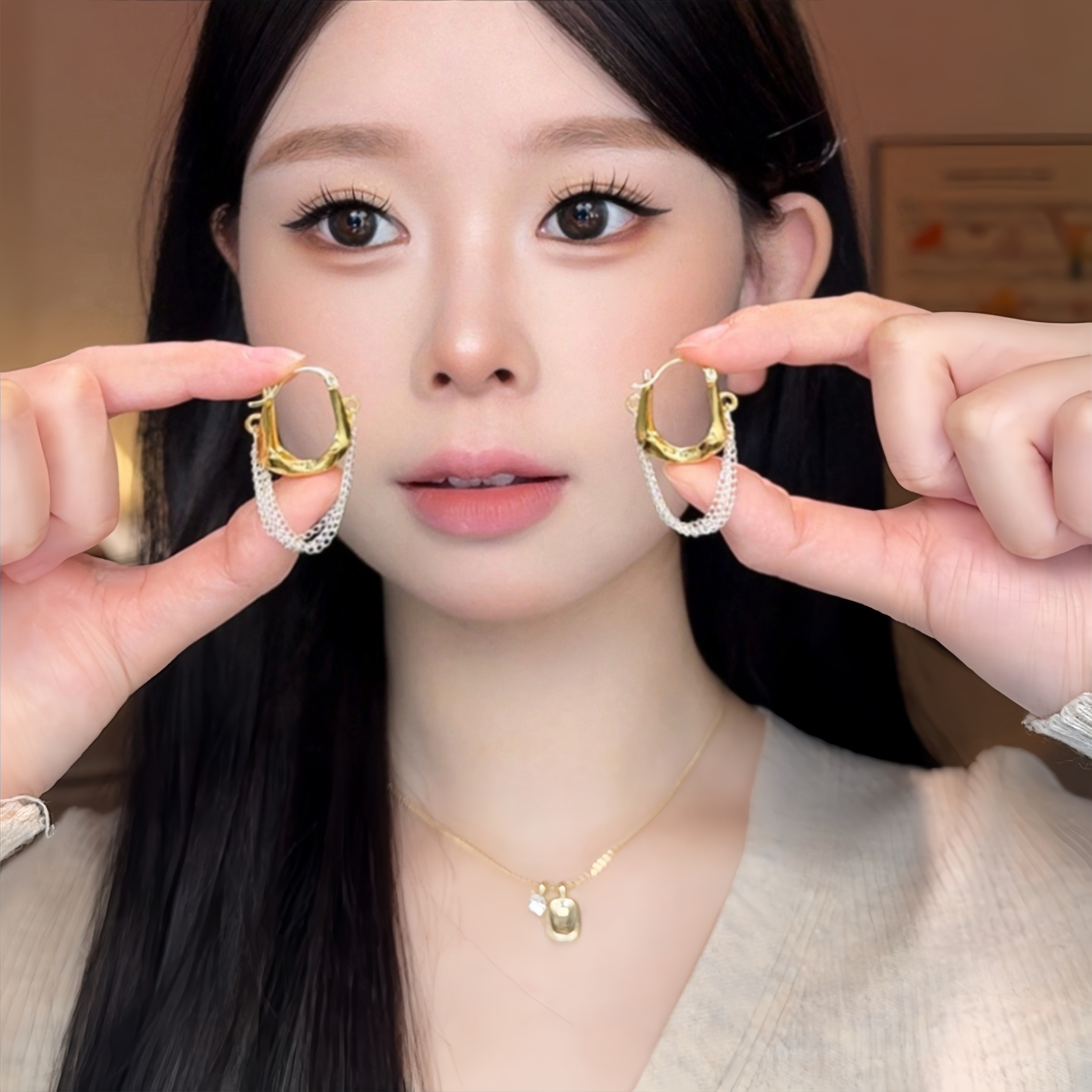 合金耳饰 金银链条耳扣流苏耳饰小众设计感耳环高级感复古耳钉