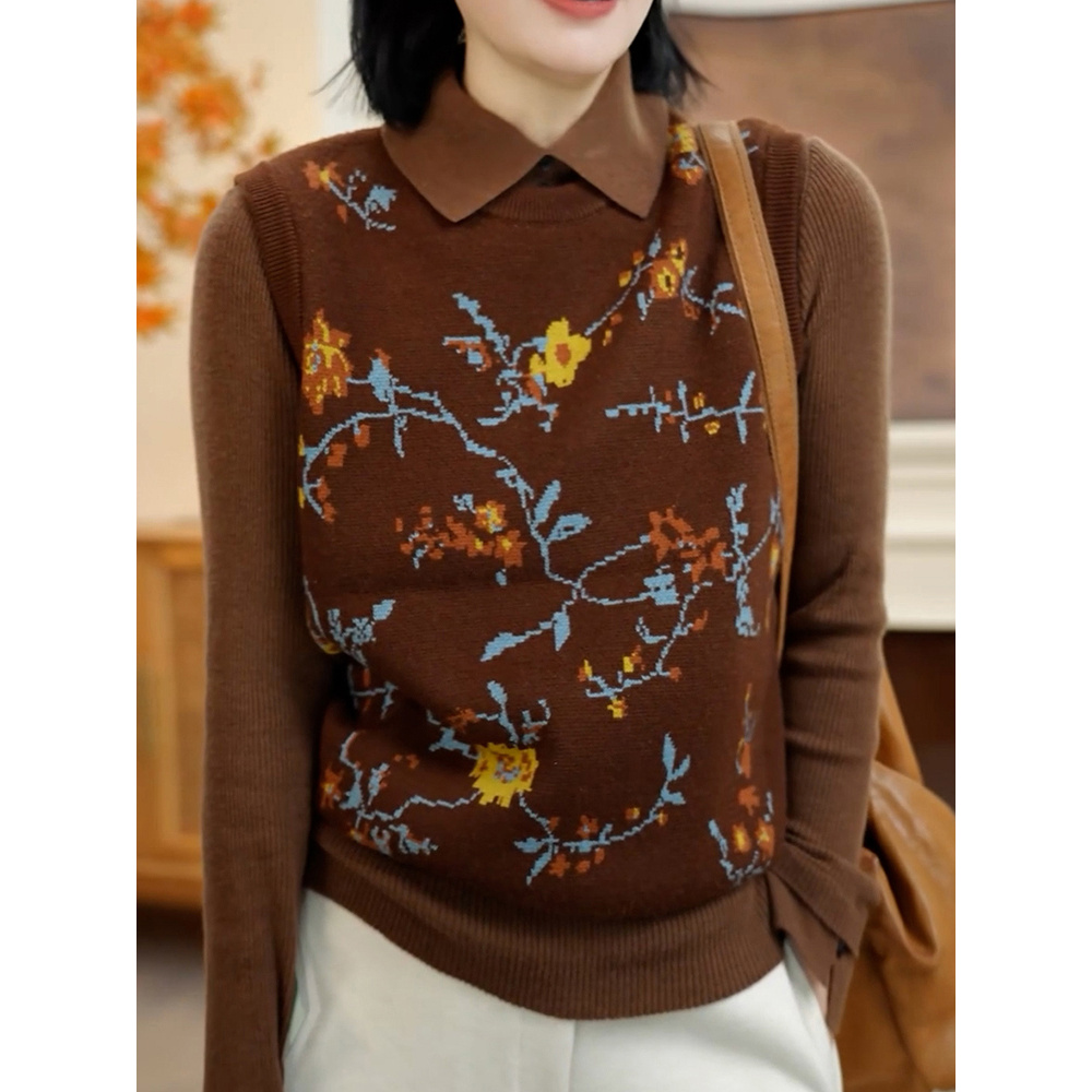 高档时尚复古圆领无袖针织马甲2025秋冬新款提花设计背心坎肩女