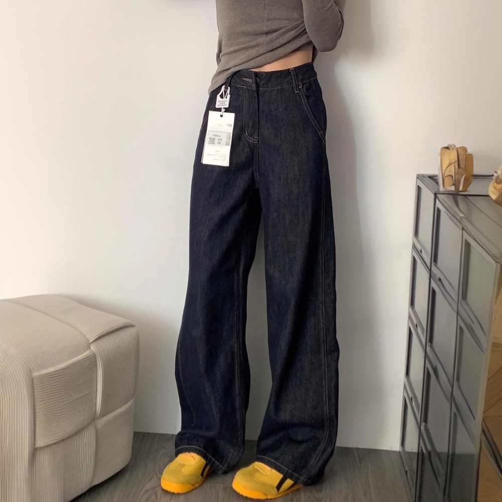 DAFIFY高品质深蓝色阔腿牛仔裤女2025高腰宽松显瘦垂感丹宁拖地裤