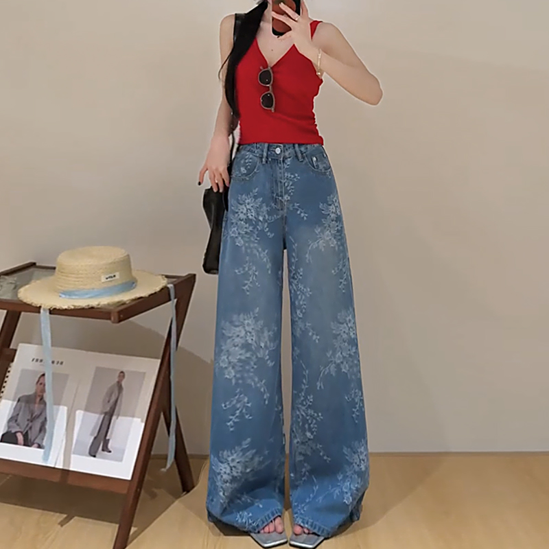 秋季新款复古印花窄版阔腿直筒牛仔裤女高腰慵懒宽松垂感拖地裤子