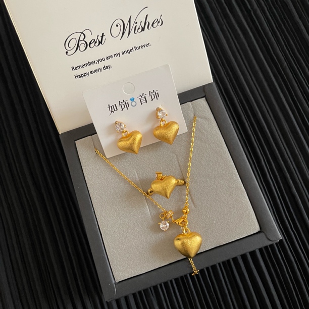 铜合金项链 如饰 古法拉丝小爱心三件套套装百搭可爱气质