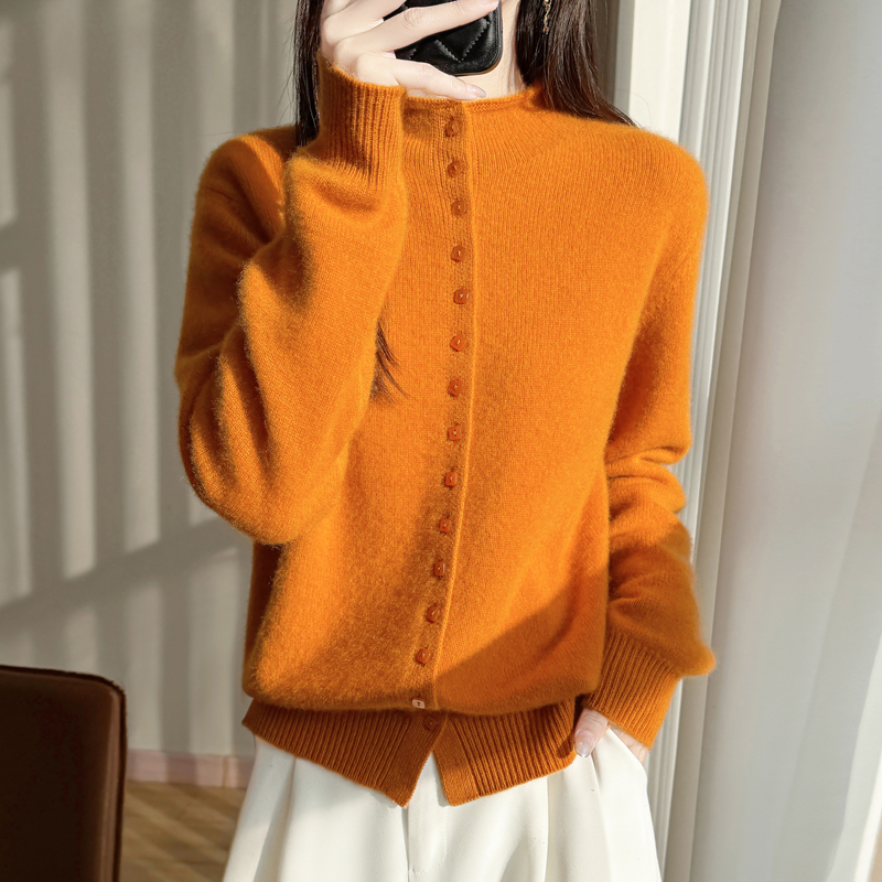 秋冬新款重磅加厚保暖圆领100%纯羊毛开衫女排扣毛衣针织打底衫