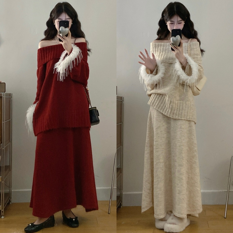 大码胖mm冬季法式气质风高级感流苏宽松慵懒针织毛衣半身裙套装女