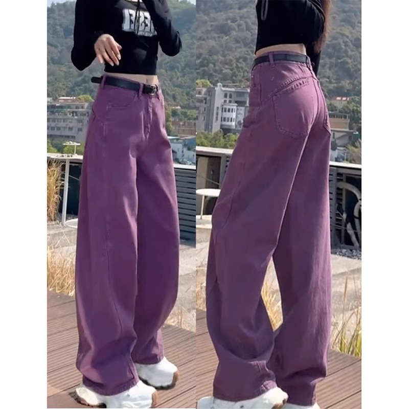 紫色弯刀牛仔裤女2025春季胖mm梨形显瘦高腰直筒宽松拖地阔腿裤子