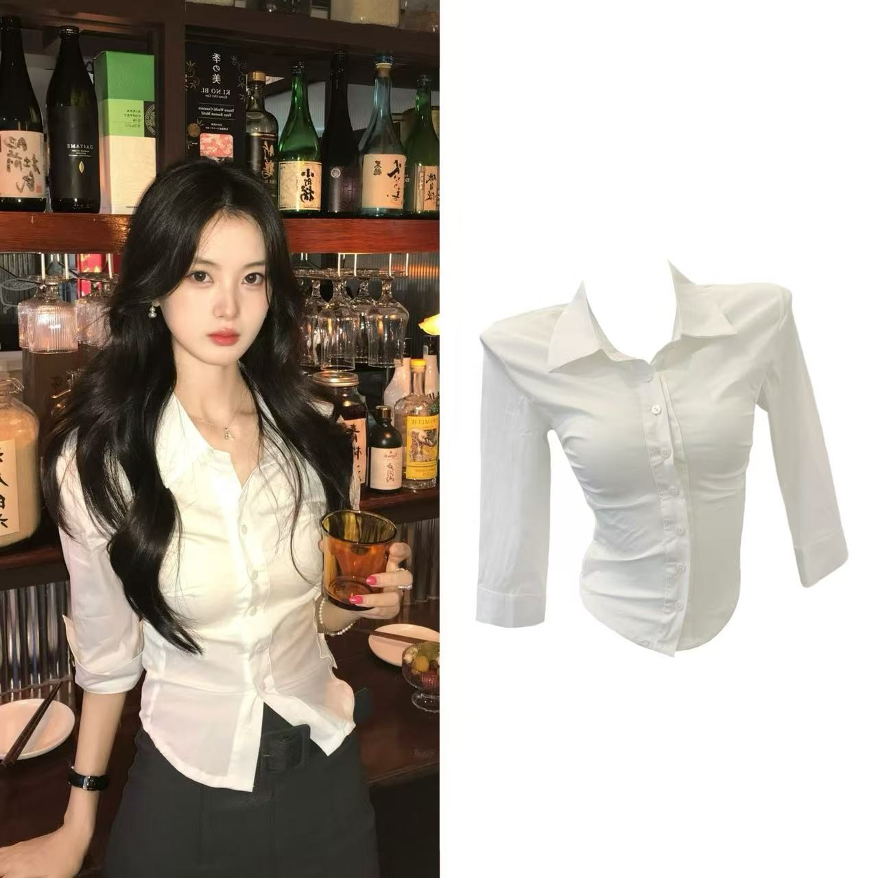 顾媛佳-GuyuanJ/白色翻领褶皱中袖衬衫女气质单排扣修身收腰上衣