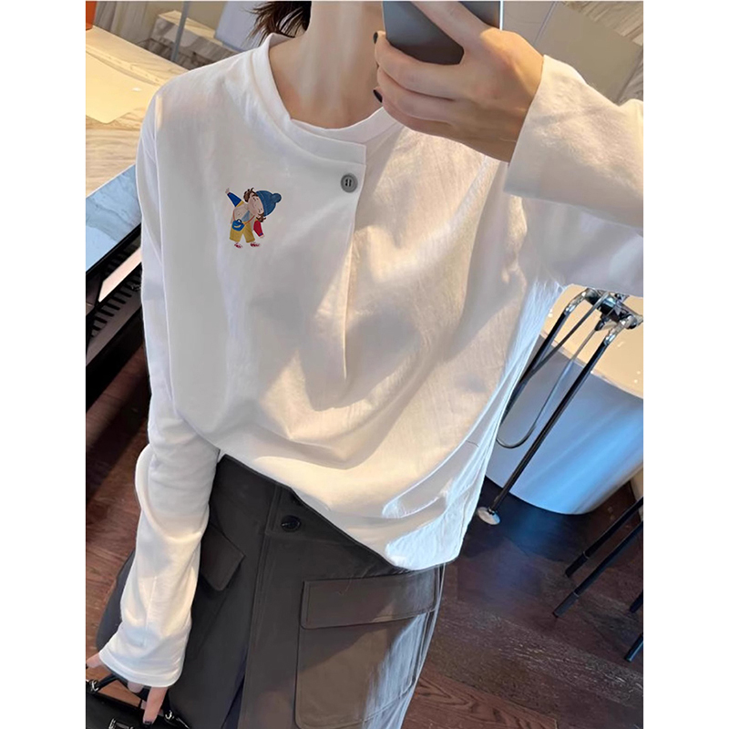 纯棉印花正肩长袖t恤女春季爆款时尚打底衫宽松休闲白色上衣