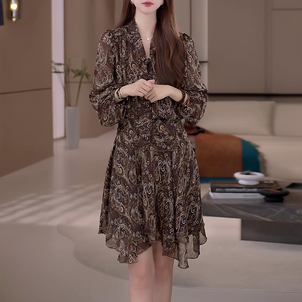 秋冬季气质复古印花V领绑带套头连衣裙女2025休闲宽松显瘦腰果裙