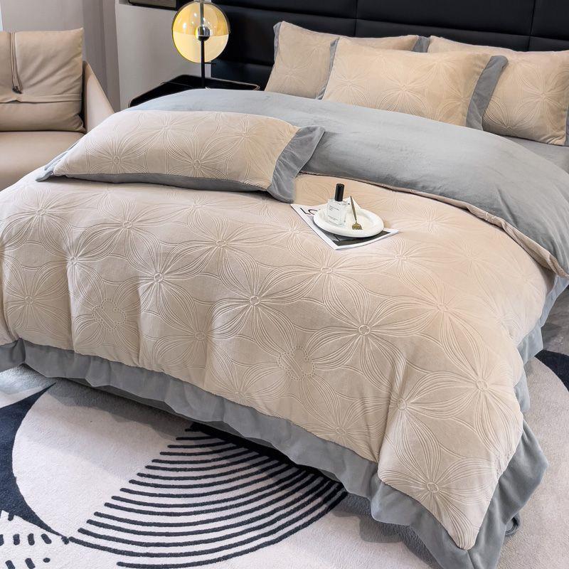 高端5D雕花牛奶绒四件套冬季加绒加厚保暖双面珊瑚绒纯色被套床单